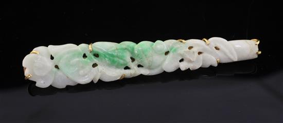 A gold mounted jadeite bar brooch, 2.75in.